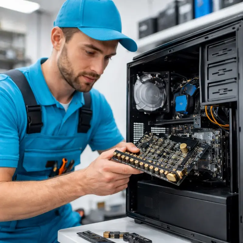 Мастер устанавливает звуковую карту на ПК в Истре